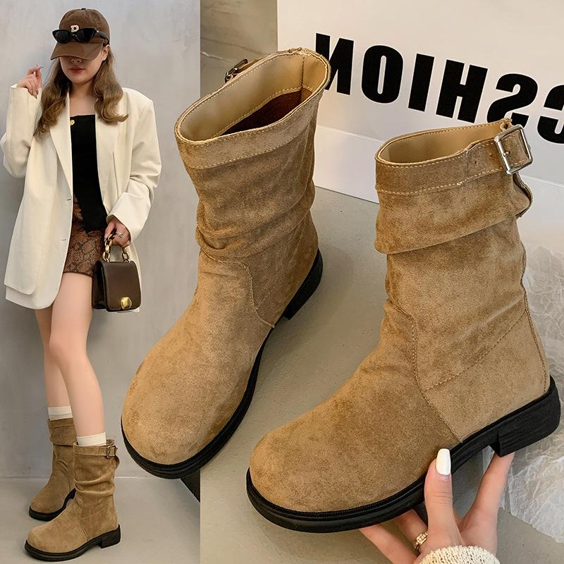 Medium tube short boots women's 2025 autumn and winter new versatile retro knight stacking boots flat-bottomed sleeve suede Martin boots