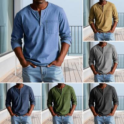 Men T-shirt Round Neck Buttons Collar Long Sleeve Tee Shirt