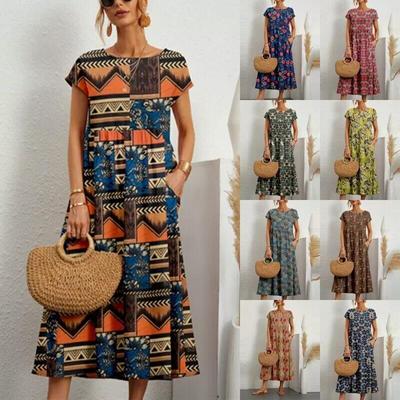 Nuovo abito estivo da donna alla moda, senza maniche, in cotone e lino, con scollo a giro e stampa