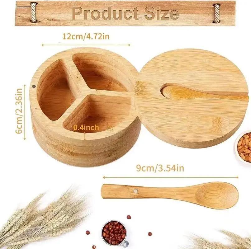 Bamboo Salt Jar with Spoon Kitchen Spice Jar Magnetic Rotating Household Seasoning Container Jewelry Handmade Storage Boxes