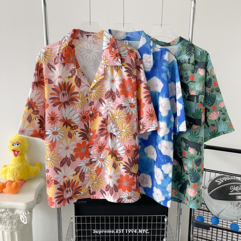 Unisex Vintage Kubakrage Blomsterskjorte - Løs passform, Hong Kong-stil, Kort erm, Perfekt for strand og par