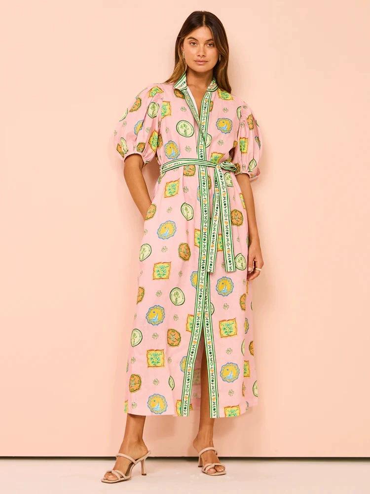 

2025 Cross-Border Graffiti Lantern Sleeve Cardigan Dress XXL цветочный