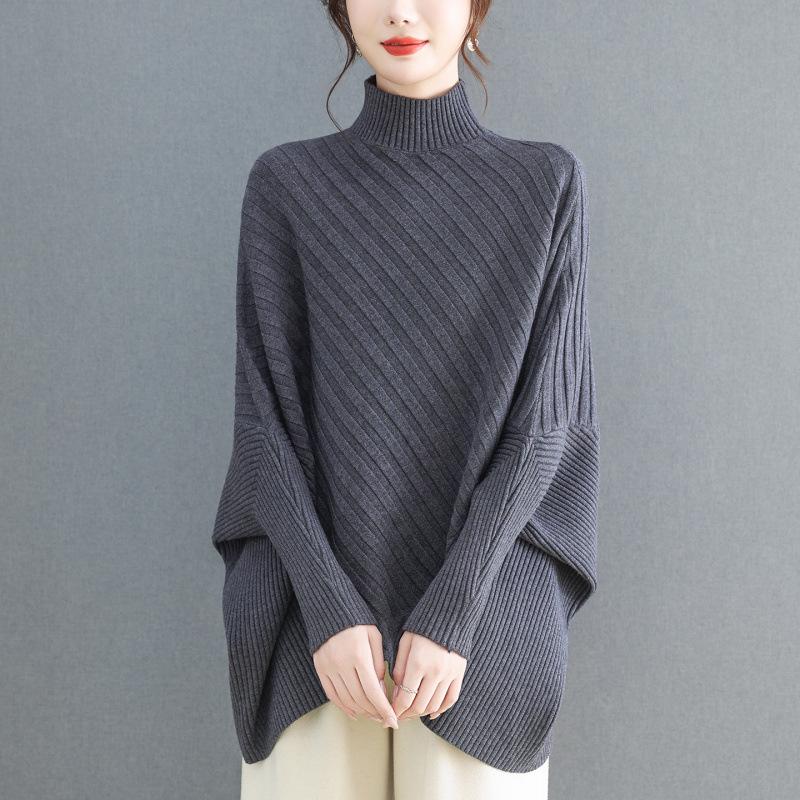 Plus Size Women's Batwing Sleeve Ribbed Knit Sweater with Half-High Round Neck