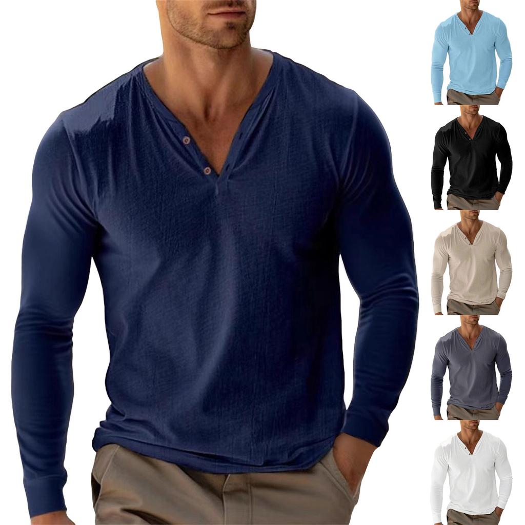 Men's Solid Color Cotton Linen Button Collar Long Sleeve Top Men's Sports Large Size Casual Top