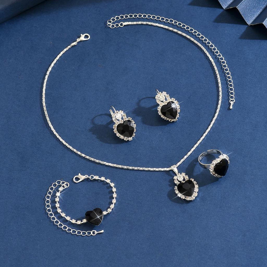 Love Rhinestone Necklace Earrings Ring Jewelry Four-Piece Set High-End Bridal Jewelry