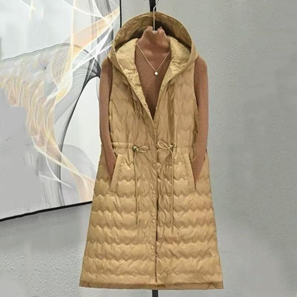 Winter Women's Ultra-light Long Puffer Hooded Vest Women's Casual Slim Shrink Belt Vest