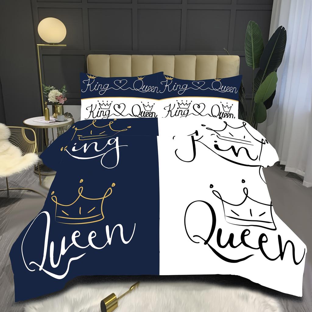 Romantic Couple'S "King & Queen" Duvet Cover Set - Soft Polyester, All-Season Comfort, Machine Washable Digital Print With Crown