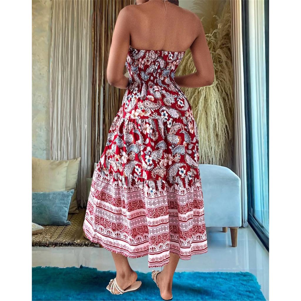 Sommer Neu Böhmischer Urlaubsstil Mehrfarbiger Druck Süßes Bustierkleid Große Schwingkleider für Frauen