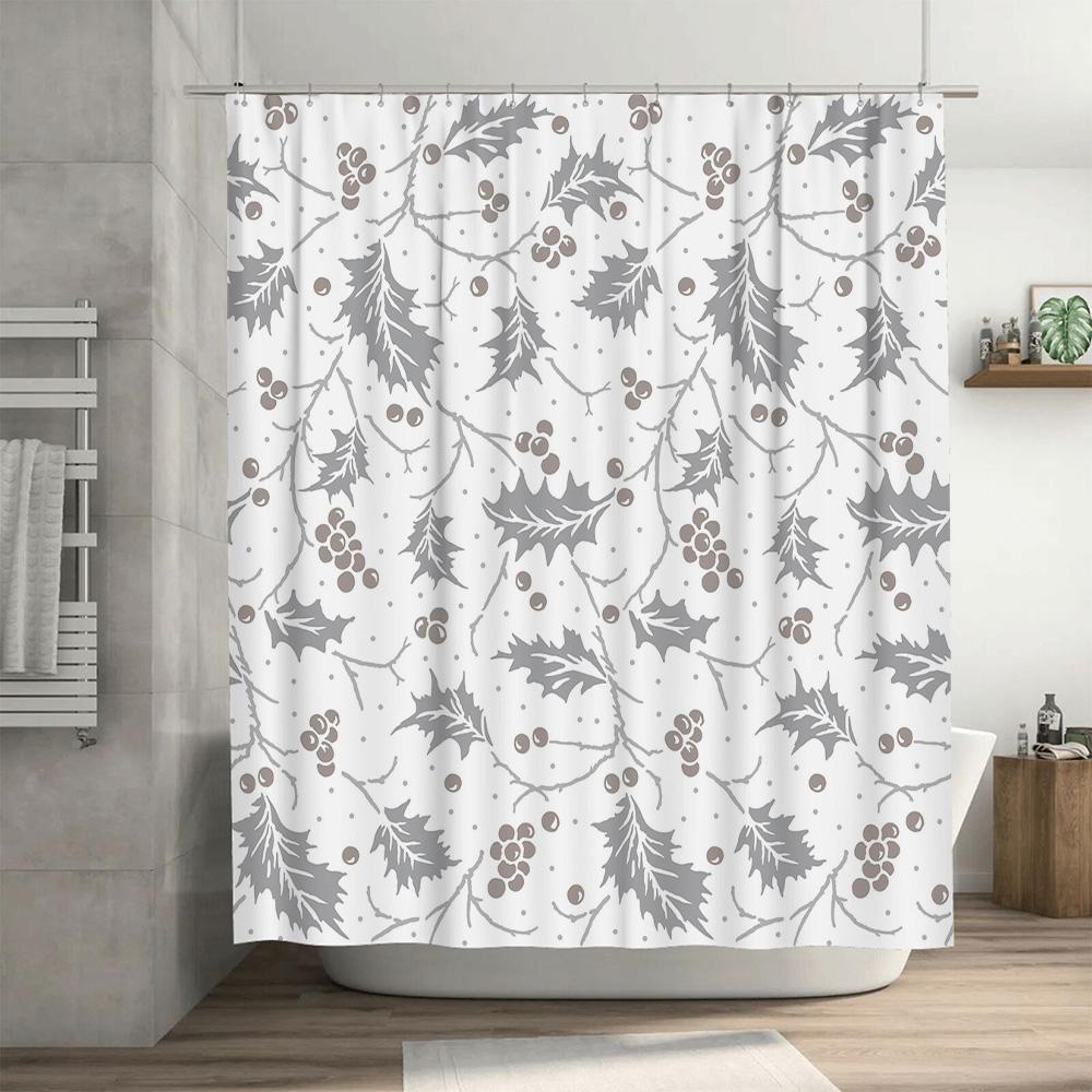 Patterned Shower Curtain with Winter Holly Design White and Gray Fabric Decorative Shower Panels for Bathroom Accessories Home D