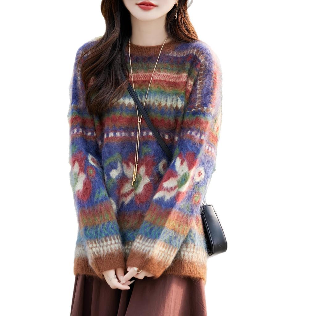 Autumn And Winter New Pulled Multi-Color Jacquard Crew-Neck Knitted Sweater Korean Lazy Style Loose Bottoming Top And Shirt