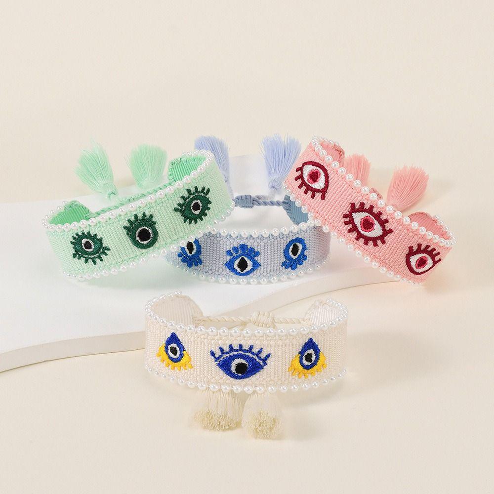 Adjustable Rope Woven Charm Bracelets Pearl Blue Eyes Bracelet Evil Eyes Bracelets  Jewelry Gift