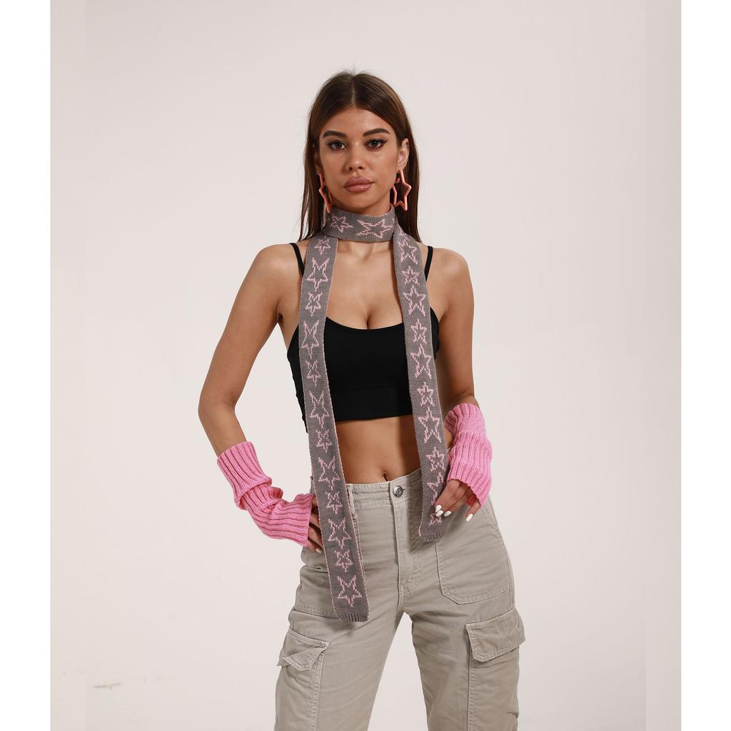 Harajuku Style Star Pattern Neck Scarf for Women Soft Neck Warmer Gothic Knit Long Scarf Winter Autumn Casual Neckwear