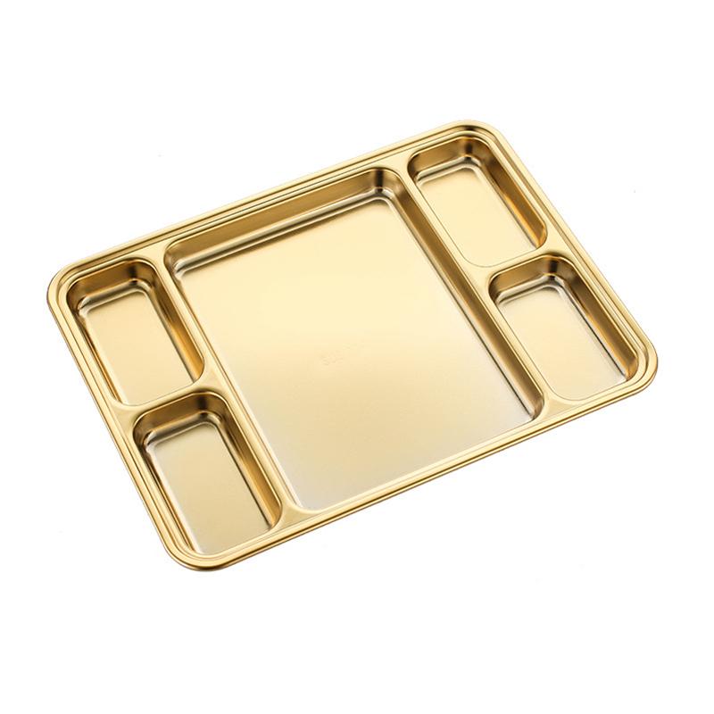 Gold Compartment Dining Plate For Food Serving Trays Stainless Steel Divided Dishes Kitchen Tableware Organization Container