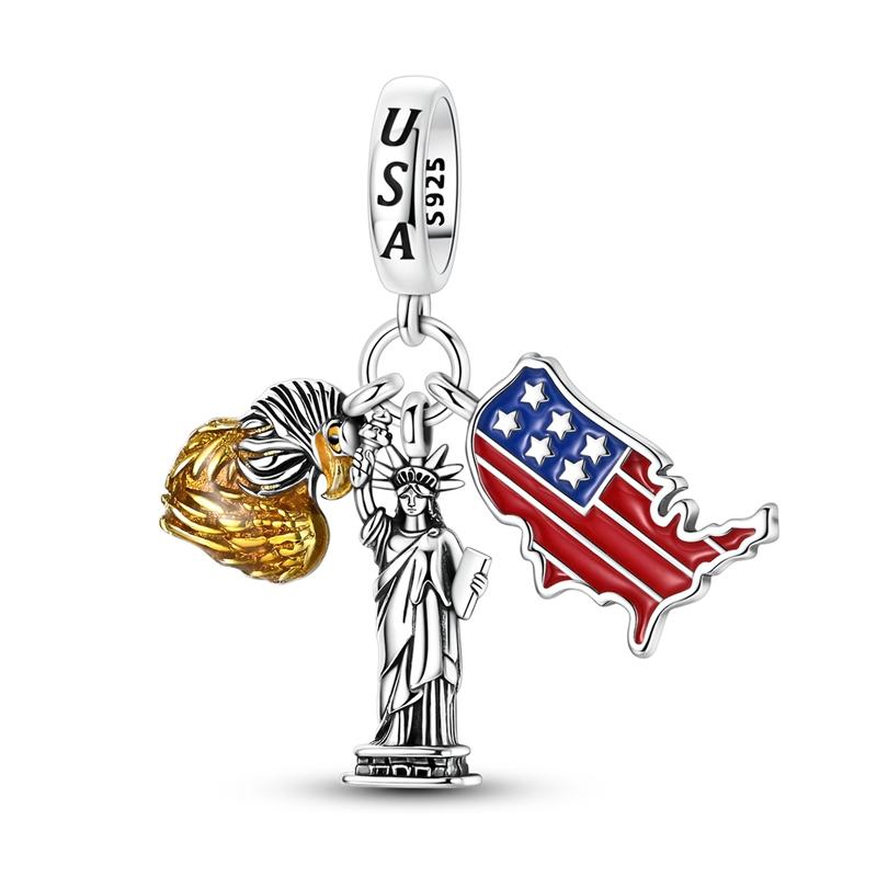 Original 925 Sterling Silver Charms Bead American Flag Independence Day Pendant Fit Original Bracelet For Women DIY Jewelry Gift