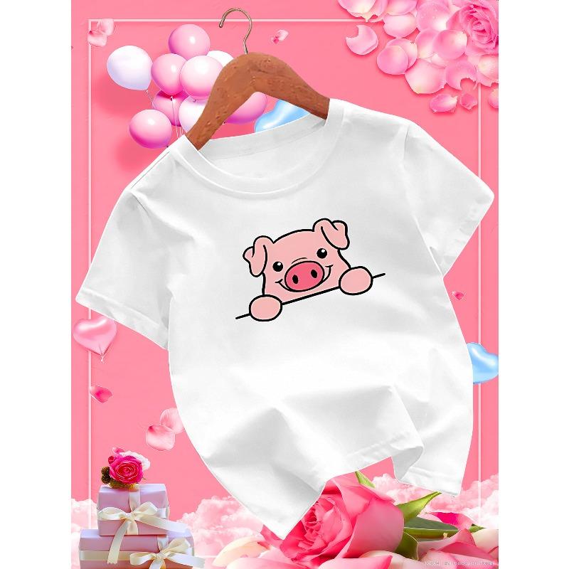 European Sizes Adorable Pink Cartoon Pig Avatar for Girls, Perfect for Summer with Short Sleeves, Casual And Breathable.