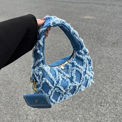 Tassel Plaid Denim Handbag Spring Summer  New French Niche Small Fresh Design Sense Women's Commut Bag High-end Underarm Bag