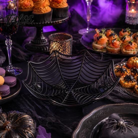 Spider Web Party Decoration Halloween Basket, Plastic Cobweb Design Fruit Serving Bowl, Treat for or Trick Candy Holder Dinner Table, Supplies Festive