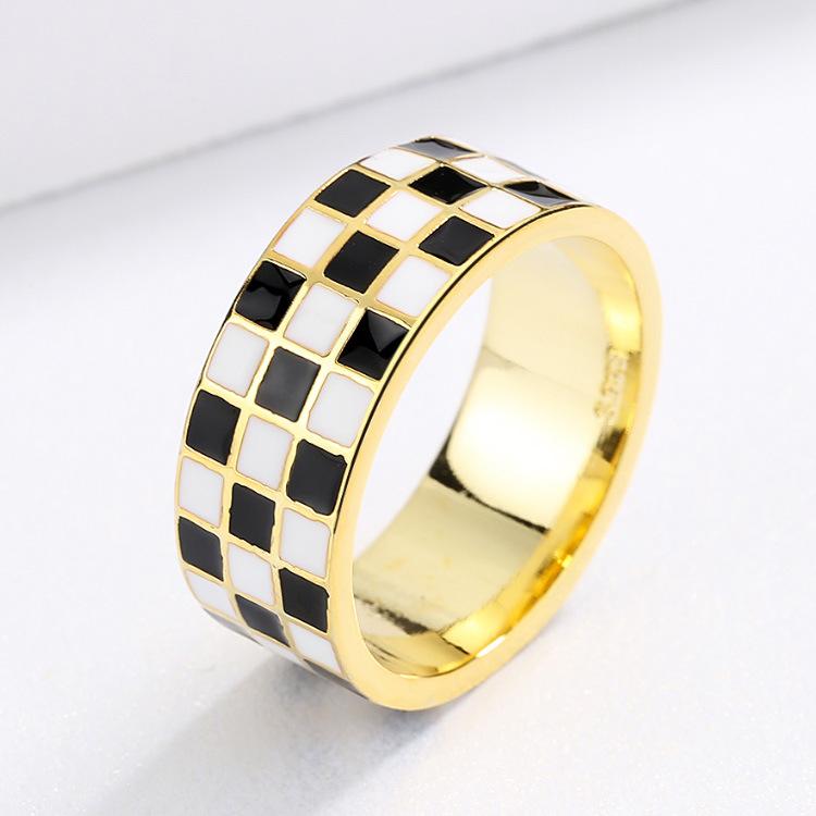 New Fashion Enamel Ring Chessboard Wide Ring Fashion Women with Personality Casual Jewelry