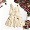 Women Geometric Pattern Print Midi Dress, Long Sleeve V‑Neck Furry Trim A‑Line Party Dress, Christmas Limited Edition