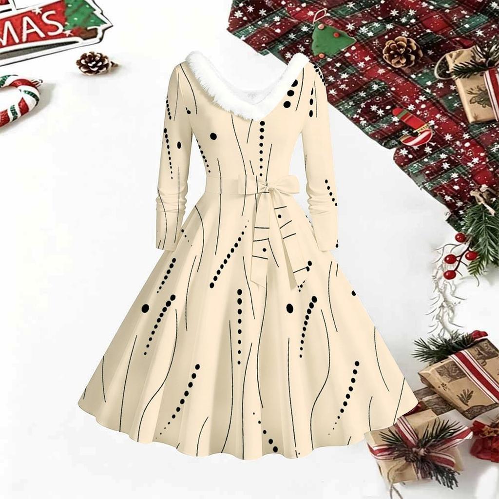 Women Geometric Pattern Print Midi Dress, Long Sleeve V‑Neck Furry Trim A‑Line Party Dress, Christmas Limited Edition