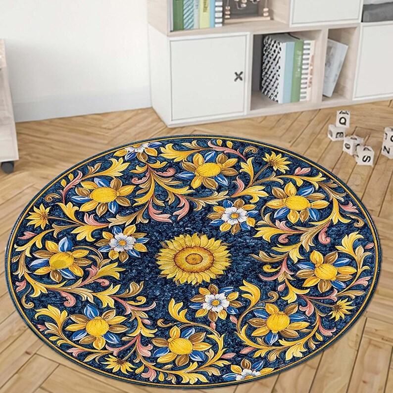 Sunflower Round Carpet Vintage Rustic Style Home Decor Rug Water-absorbing Anti Slip Floormat for Doormat Living Room Bedroom