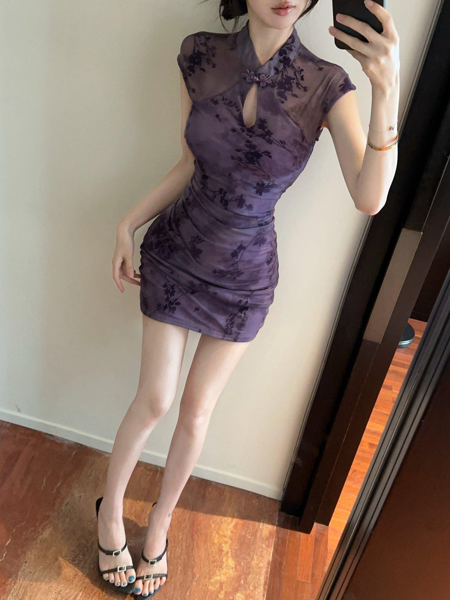 

Green design sense sexy style new Chinese style improved cheongsam dress women s summer temperament beautiful hip skirt S фиолетовый