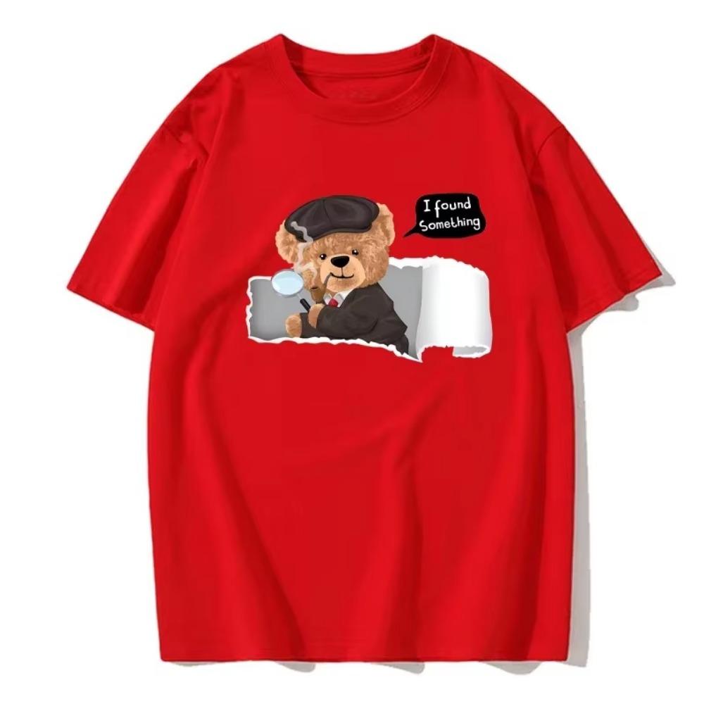 Neutraler Stil Sommer Kurzarm Niedlicher Detektiv Teddybär Musterdruck Lustige Mode Lässiges Herren- und Damen-T-Shirt