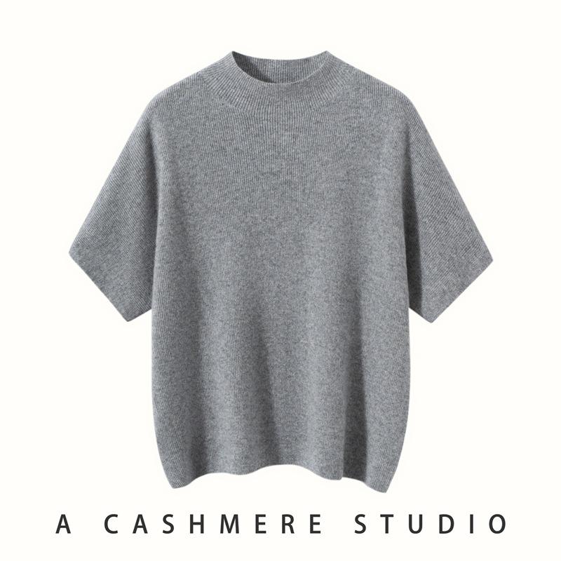 Women's Casual Half-High Collar Knit Cashmere Sweater Vest - Simple, Versatile, Comfortable Pullover, Short Sleeve
