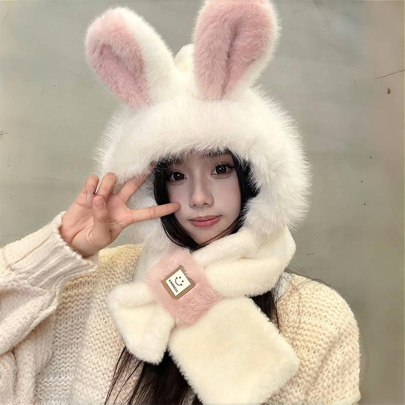 Bunny Ear Plush Hat And Scarf For Women Winter Style Cute Thick Warm Ear-Protecting Lei Feng Hat