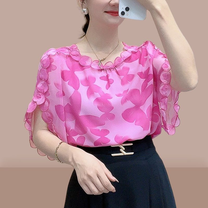 Summer Fashion Butterfly Printing Chiffon Shirt Ladies Short Sleeve Elegant Pullover Top Women All-match Blouse