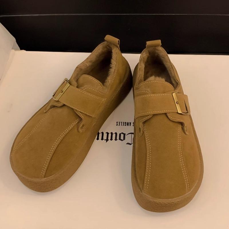 

Модная женская обувь на толстой подошве, хлопковая, зимняя, новая, с круглым носком, с глубоким вырезом, из замши, с металлической пряжкой, противоскользящая, износостойкая, плоская обувь 40