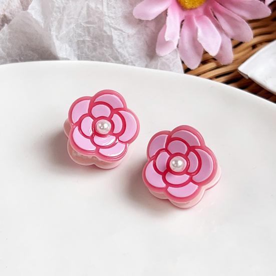 Hair Claw with High-Elastic Spring Camellia Design Hair Clip with Imitation Pearl Decor