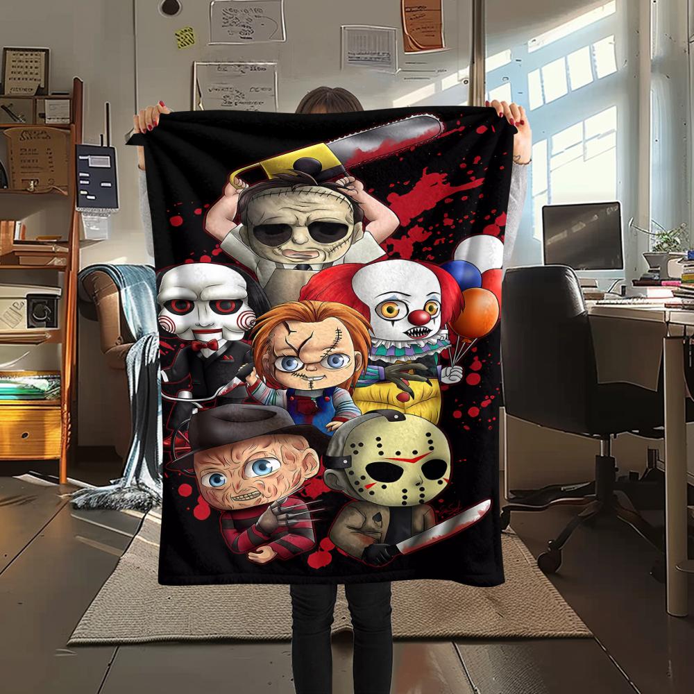 1PC Chibi Chucky Freddy Krueger Print Flannel Blanket, High quality All Seasons, Home Decor, Warmth and Comfort, Perfect for Christmas Gifts