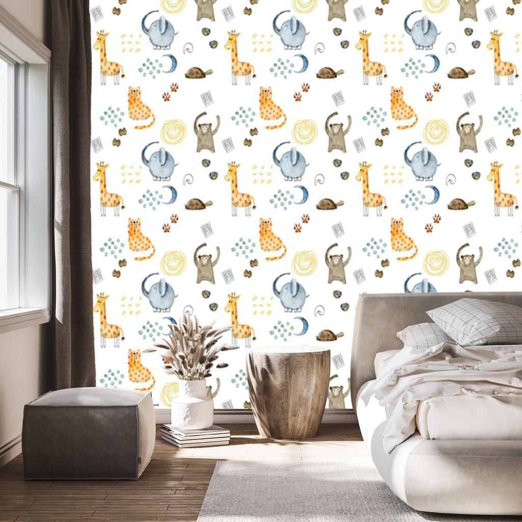 Watercolor Illustrated Animals Wallpaper for Living Room and Bedroom 50x1000