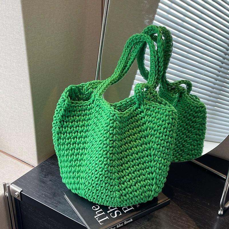 Корейский Ленивый Стиль Вязаная Крючком Вязаная Сумка Хлопковая Нить Ажурная Одноплечевая Соломенная Однотонная Повседневная Веревочная Сумка-Ведро Тоут 31