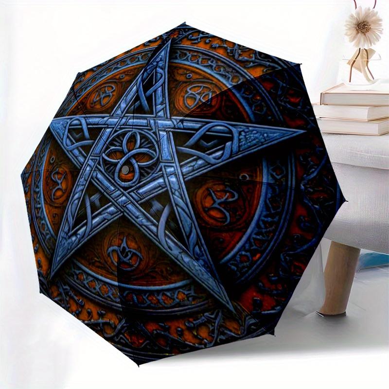 Blue Pentagram Symbol Decorative Wall Art Print Umbrella, Cute Umbrella with Cute Design, Portable 3-Fold Compact Umbrella for Men & Women, Valentine'