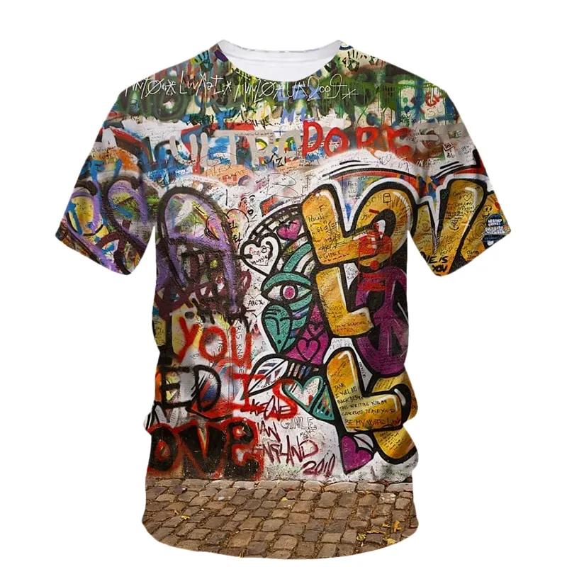 Sommar Ny Kreativ Graffiti Målning Konst Linje T-shirt Herr Mode Casual Hip Hop Harajuku 3D HD Tryckt O Krage Kort Ärm