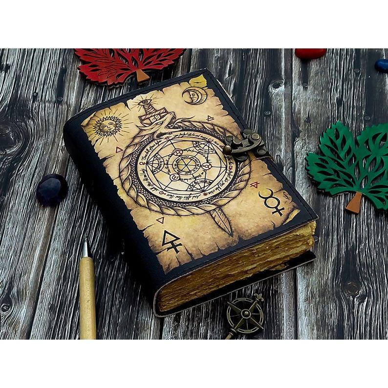 Leather Journal Alchemy Scroll Ouroboros Journal Circle of Transmutation Book For Men Women Traveling Sketchboo Blank Spell Book of Shadows