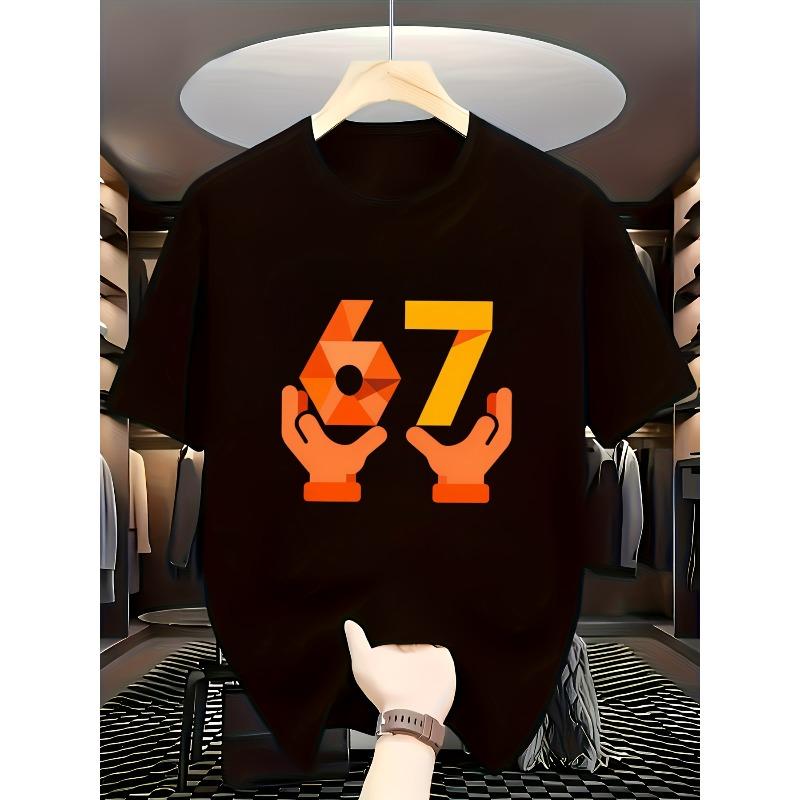 

Men s T-shirt, Round Neck Short Sleeve, Featuring Geometric Numbers 67 , with Two Palm Patterns Underneath, Overall Style Simple 4XL чорний