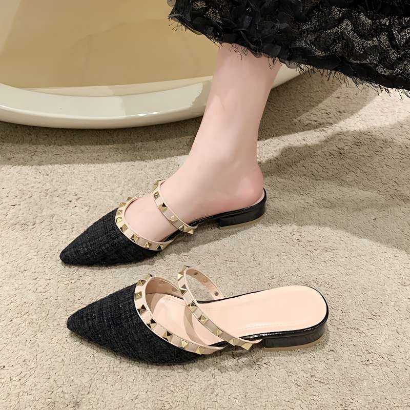 Fashion Rivet Baotou Half Slippers Women's Summer Wear New Thick Heel Pointed Head Low Heel Lazy Muller Fairy Cool Slippers