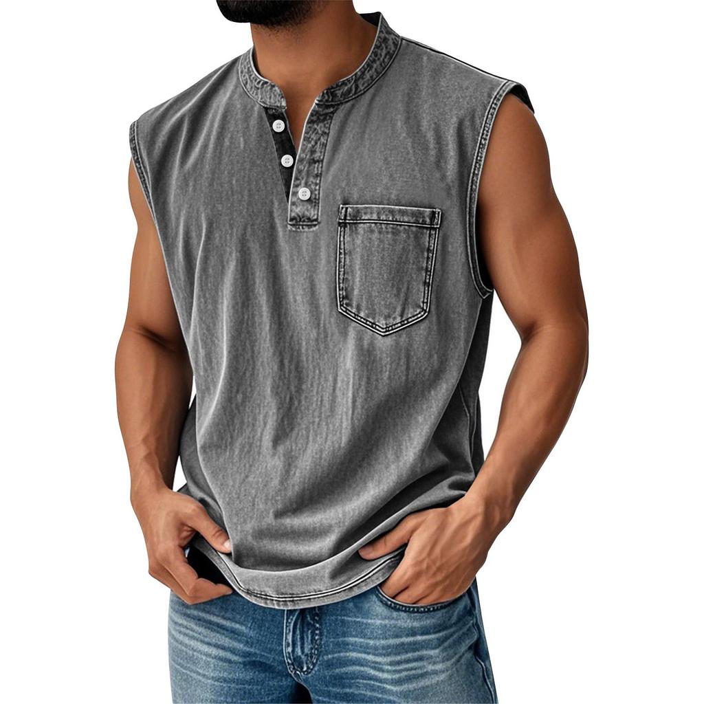 Men's Summer Solid Matching Color Pocket Sports Buttons Vest Men's Sports Casual Vest