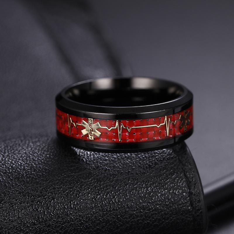 Red Carbon Fiber Medical Logo Titanium Steel Ring New Heart of Life Jewelry Men's Hand Jewelry