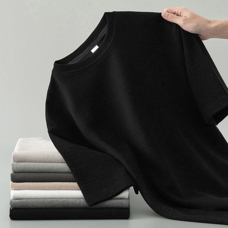 Мужская летняя однотонная вафельная футболка с коротким рукавом большого размера пике красивый повседневный топ с рукавом до локтя XS чёрный 1174₽