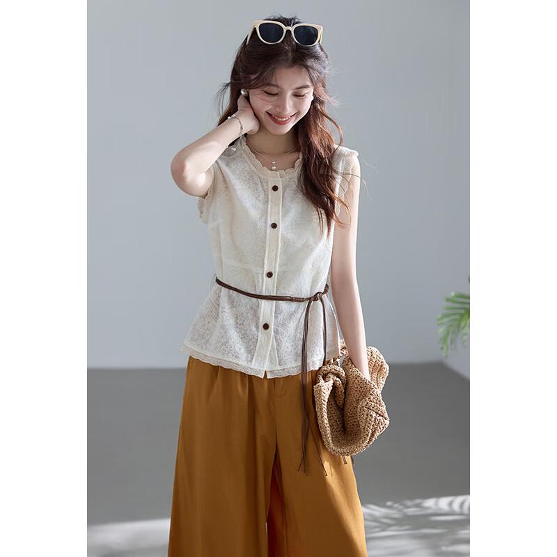 VICTORIA&VERA Lace Sleeveless Shirt & Wide-Leg Pants Set