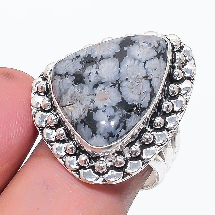 Natural Snowflake Obsidian Gemstone 925 Sterling Silver Jewelry Ring Size 8 m0T39