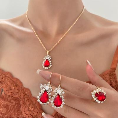 Set di Gioielli con Strass a Goccia d'Acqua Europei e Americani: Collana, Orecchini e Anello Multicolor alla Moda per Occasioni Sposali.