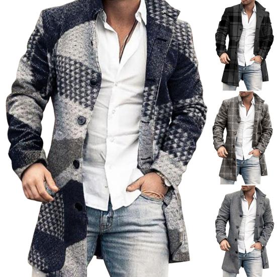 Men Overcoat Plaid Single-breasted Turndown Collar Long Sleeves Slim Mid-length Jacket Coat Streetwear
