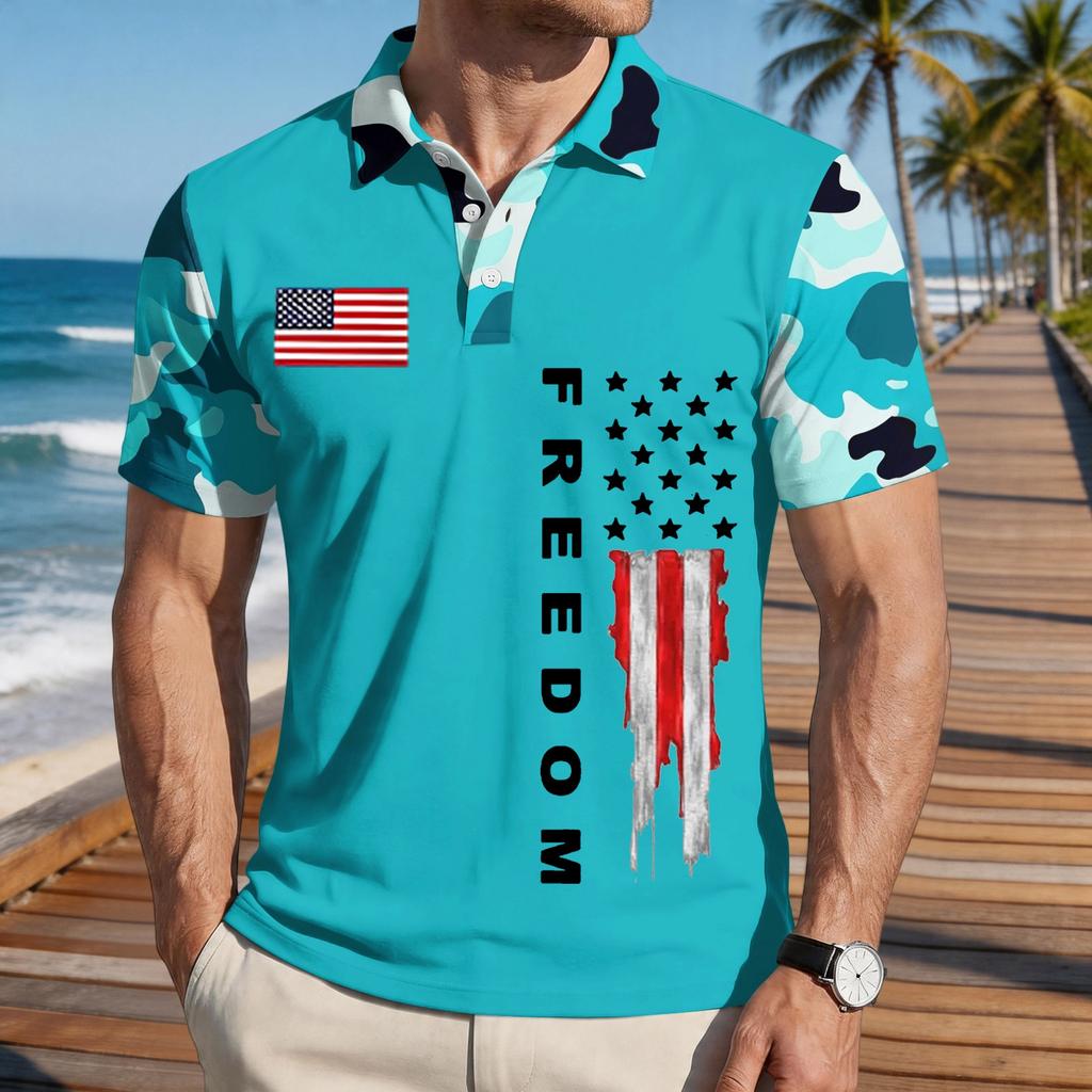 Men's Loose Fit Casual Short Sleeve Polo Shirt with Flag Print and FREEDOM Text Pattern Lightweight Breathable Summer Top