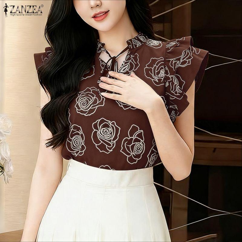 ZANZEA Womens Casual Round Neck Ruffles Short Sleeve Loose Print Blouse