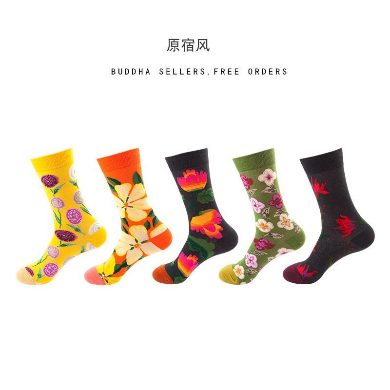 Flower Print Crew Socks Men Women Breathable Cotton Sweat-Absorbent Casual Trendy